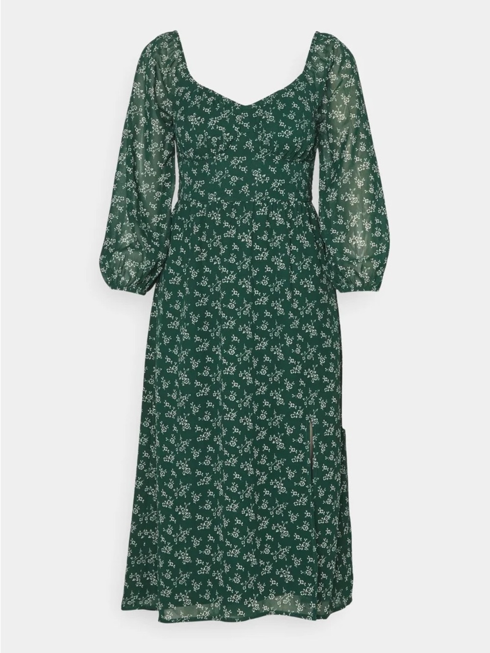Hollister Dark Green Floral Puff-Sleeve Midi Dress